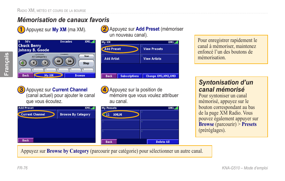 Mémorisation de canaux favoris, Syntonisation d’un canal mémorisé | Kenwood KNA-G510 User Manual | Page 82 / 160