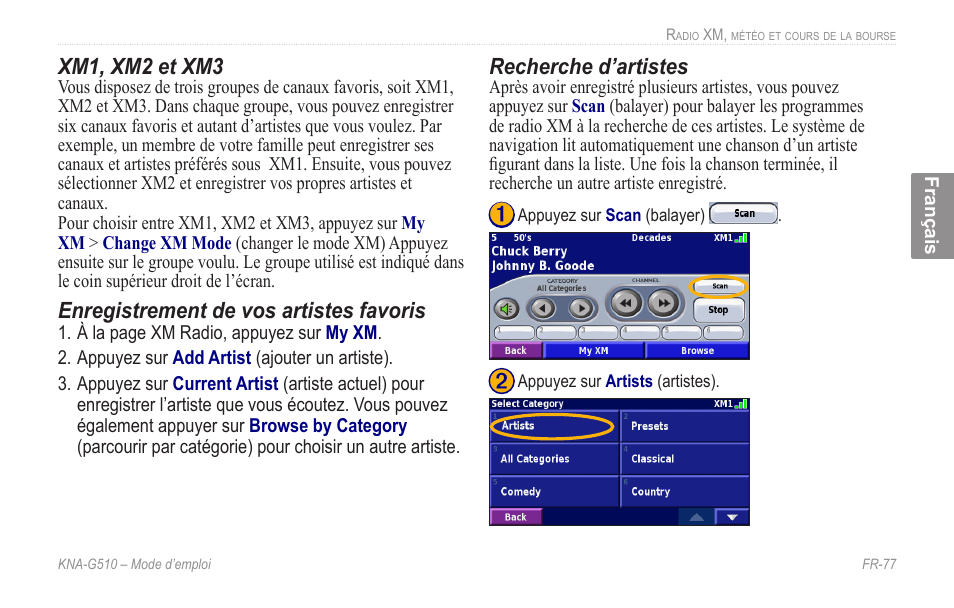 Xm1, xm2 et xm3, Enregistrement de vos artistes favoris, Recherche d’artistes | Kenwood KNA-G510 User Manual | Page 83 / 160