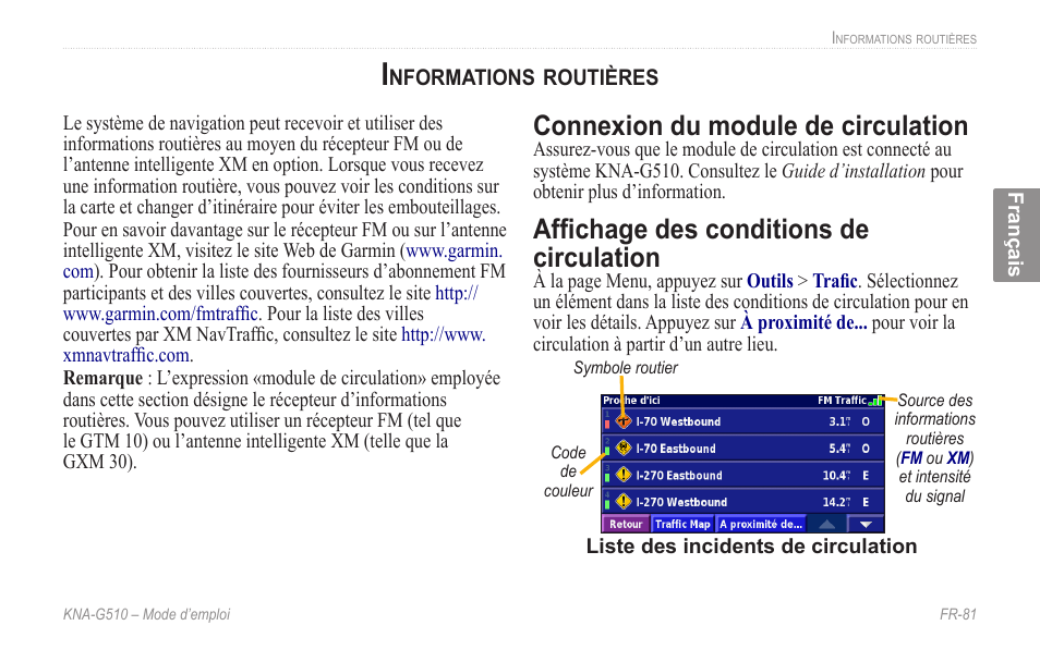 Informations routières, Connexion du module de circulation, Affichage des conditions de circulation | Kenwood KNA-G510 User Manual | Page 87 / 160