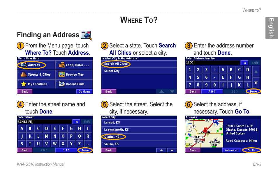 Where to, Finding an address, Finding.an.address | Kenwood KNA-G510 User Manual | Page 9 / 160