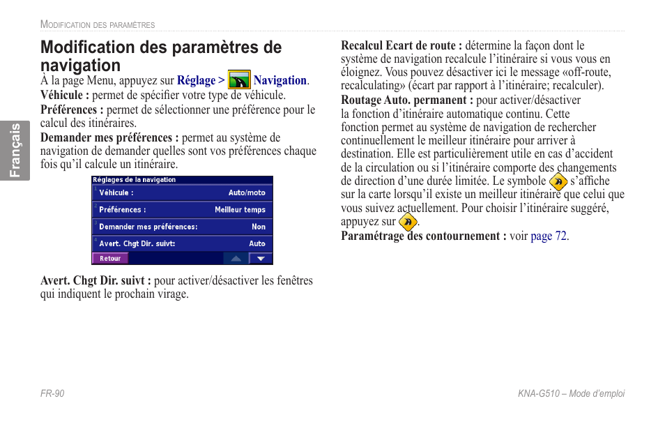 Modification des paramètres de navigation, Modification des paramètres de, Navigation | Kenwood KNA-G510 User Manual | Page 96 / 160