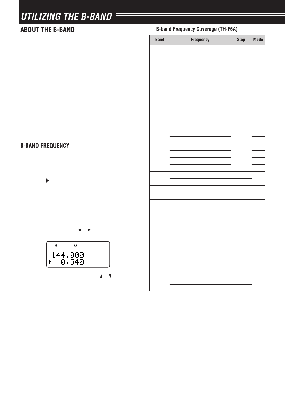 Utilizing the b-band, About the b-band, B-band frequency | Kenwood TH-F6A User Manual | Page 38 / 64