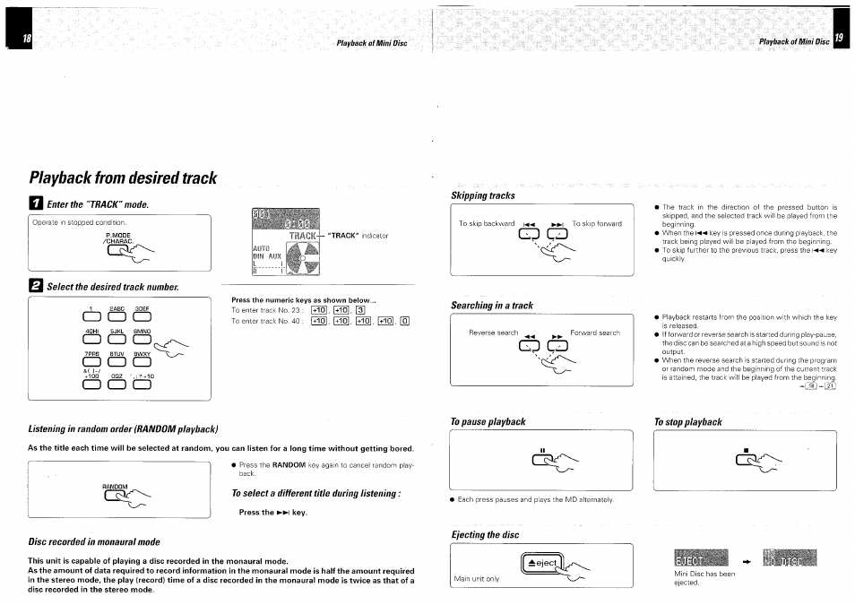 Playback from desired track, Enter the “track" mode, Select the desired track number | Skipping tracks, Cd cd, Searching in a track, Go cd, Listening in random order (random playback), To select a different titie during listening, Press the key | Kenwood DM-VH7 User Manual | Page 10 / 26