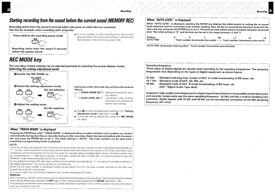 Rec mode key, Selecting the setting adjustment mode, Gd cd | Cd cd, When "auto level"is displayed, When "trackmark" is displayed | Kenwood DM-VH7 User Manual | Page 15 / 26