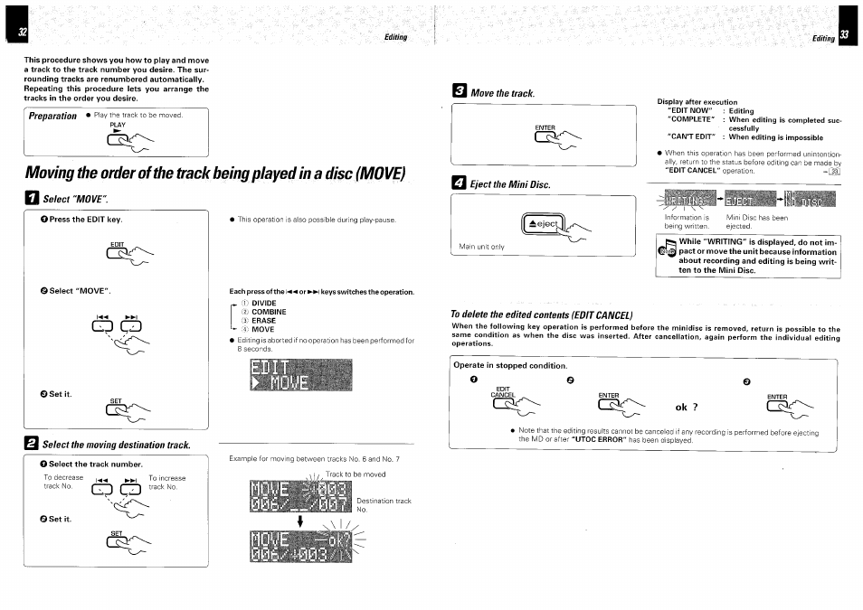 Preparation, Select "move, Gd c;d | Select the moving destination track, Eject the mini disc, To delete the edited contents (edit cancel), Cd cd | Kenwood DM-VH7 User Manual | Page 17 / 26