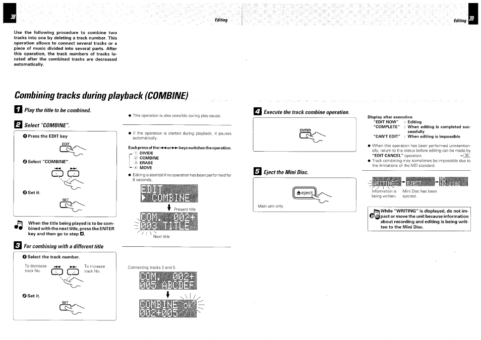 Combining tracks during playback (combine), Play the title to be combined, Select "combine | Q execute the track combine operation, Gd cd, For combining with a different title, Eject the mini disc, 005 abcdef | Kenwood DM-VH7 User Manual | Page 20 / 26
