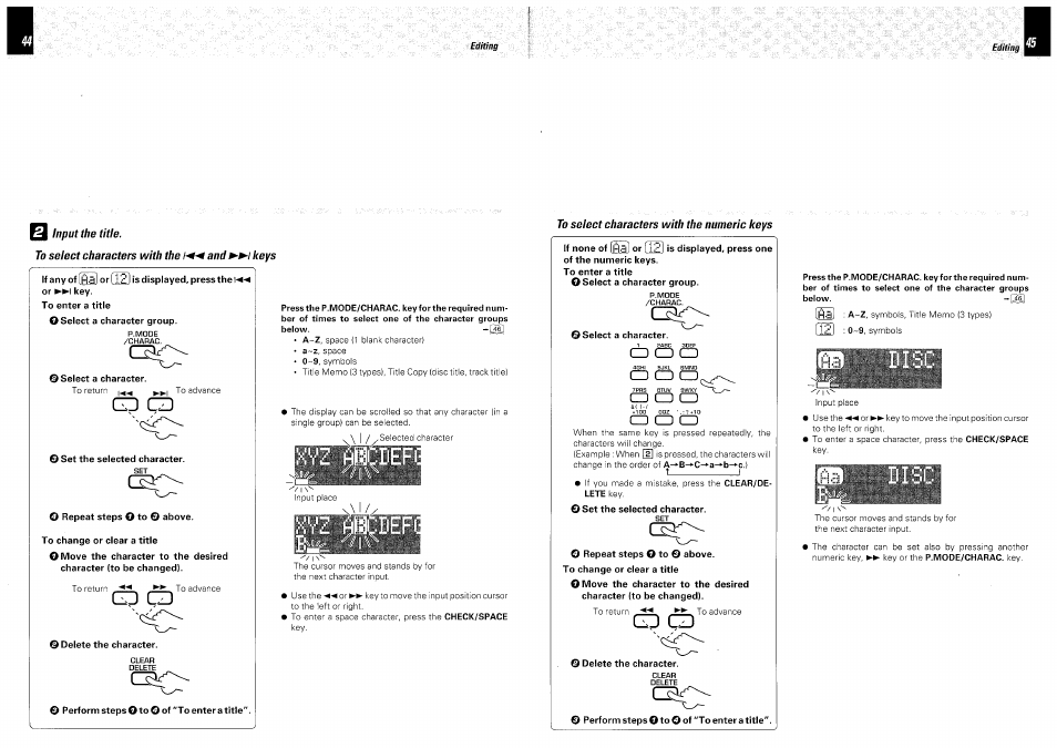 O /«pwf the title, To select characters with the and ►►/ keys, To select characters with the numeric keys | Gd cd, Cd cd, A a cd, Cd cd cd, Cd cd cd a cd cd | Kenwood DM-VH7 User Manual | Page 23 / 26