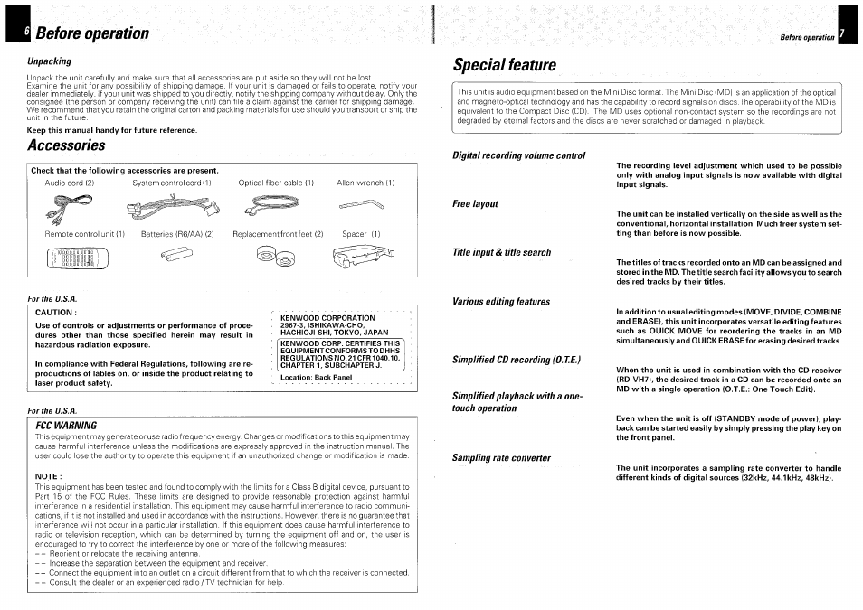 Before operation, Unpacking, Check that the following accessories are present | Caution, Fcc warning, Note, Special feature, Digital recording volume control, Free layout, Title input & title search | Kenwood DM-VH7 User Manual | Page 4 / 26