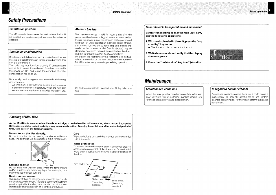 Installation position, Caution on condensation, Memory backup | Note related to transportation and movement, Press the "on/standby" key to off (standby), Handling of mini disc, Storage position, Care, Write protect tab, Safety precautions | Kenwood DM-VH7 User Manual | Page 5 / 26