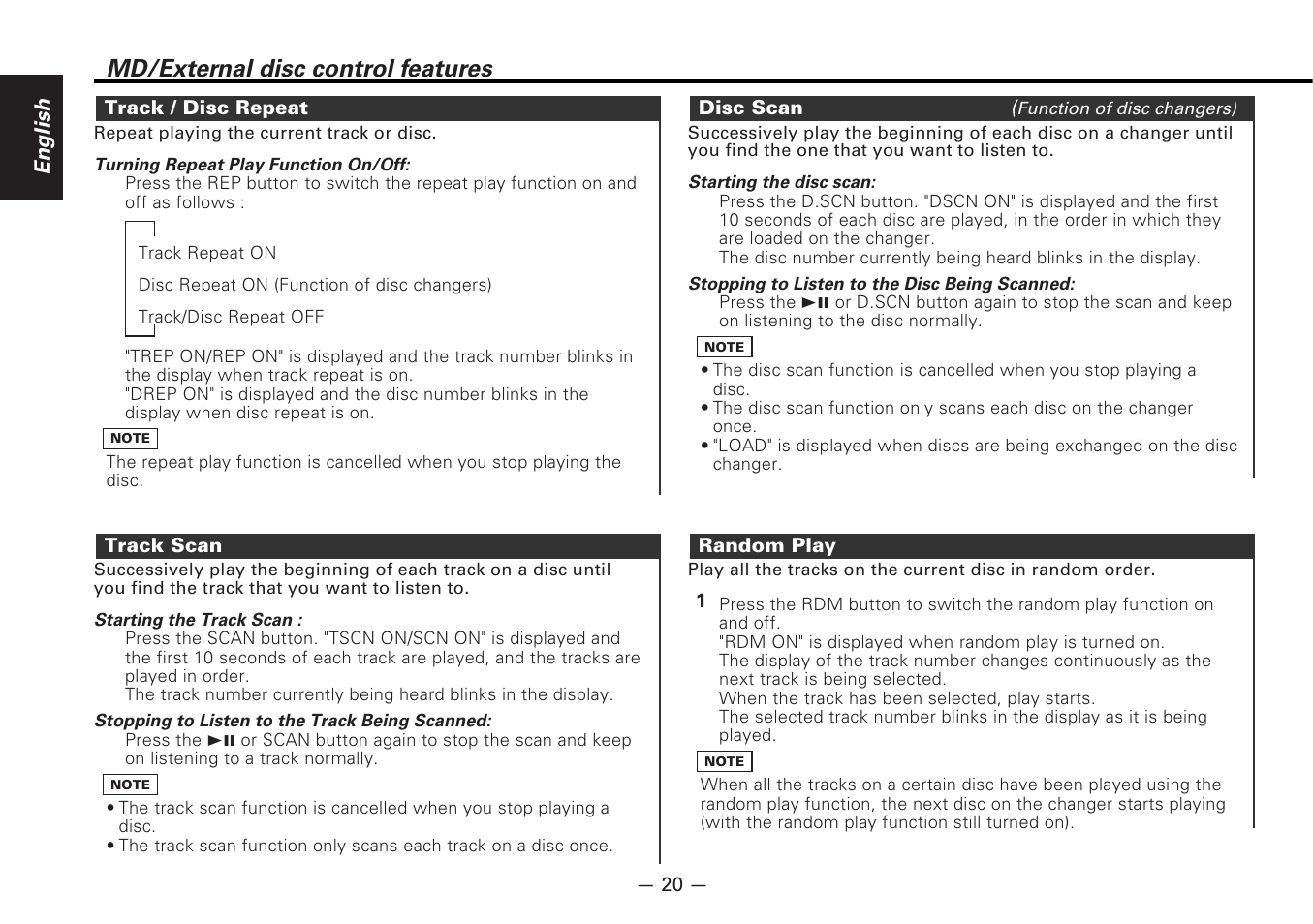 Track / disc repeat, Track scan, Disc scan | Random play, Md/external disc control features, English | Kenwood MD-RECEIVER KMD-870R User Manual | Page 20 / 36