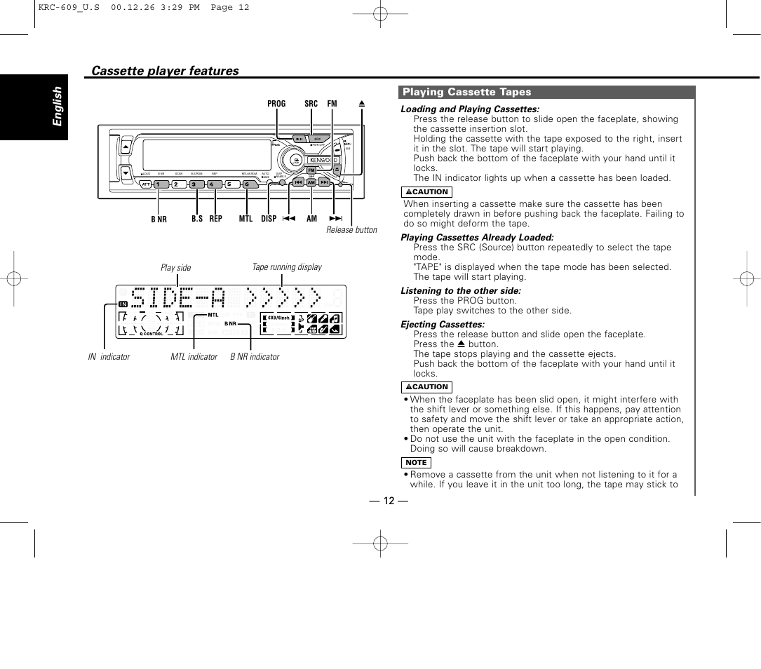 Cassette player features, Playing cassette tapes, English | Kenwood KRC-609 User Manual | Page 12 / 33
