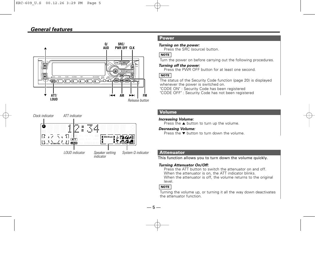 General features, Power, Volume | Attenuator | Kenwood KRC-609 User Manual | Page 5 / 33