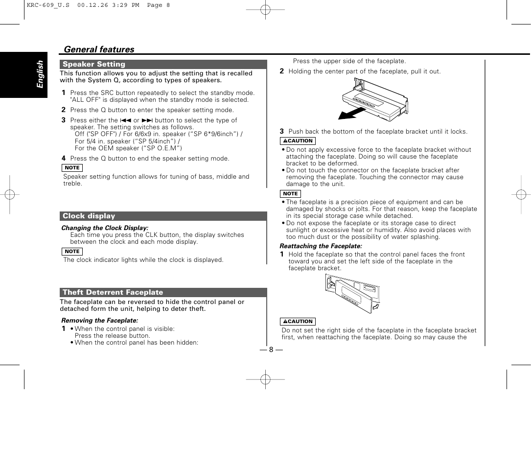Speaker setting, Clock display, Theft deterrent faceplate | General features | Kenwood KRC-609 User Manual | Page 8 / 33