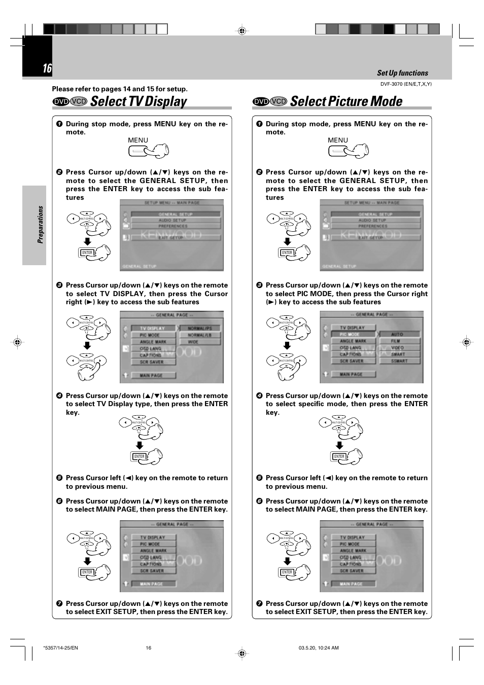 Select tv display, Select picture mode, Select tv display select picture mode | Set up functions | Kenwood DVF-3070 User Manual | Page 16 / 48