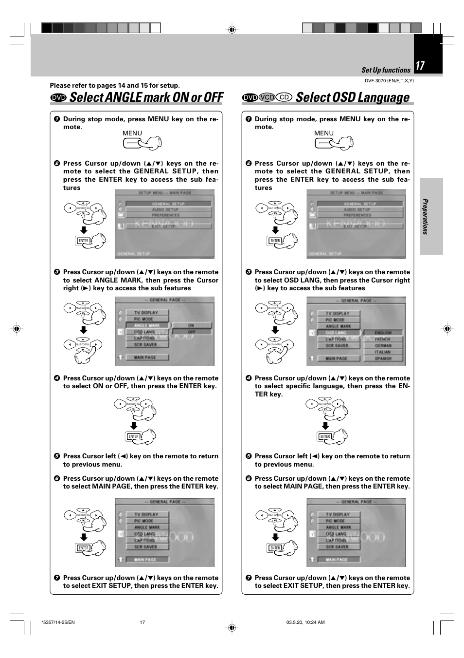 Select angle mark on or off, Select osd language, Set up functions | Kenwood DVF-3070 User Manual | Page 17 / 48