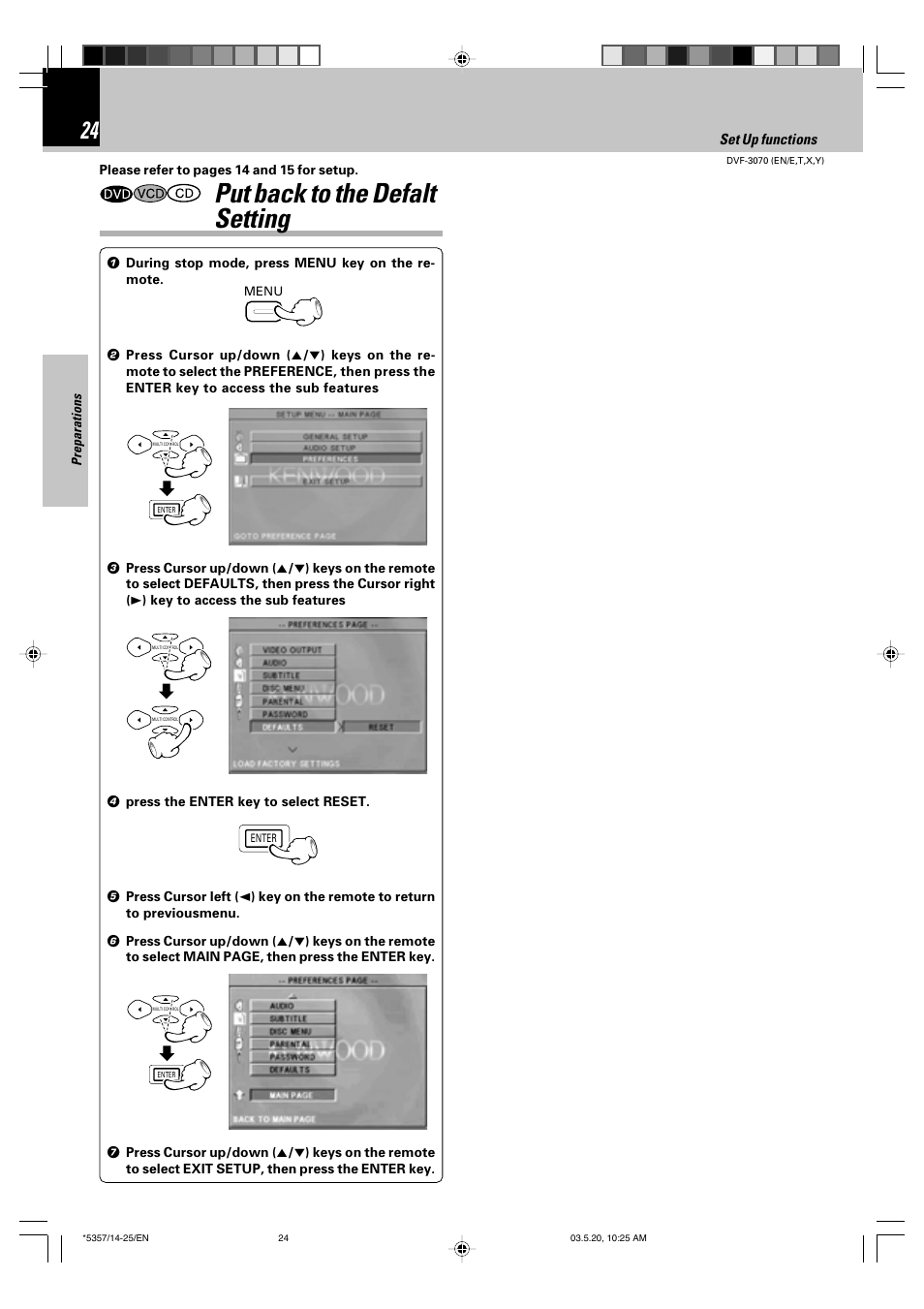 Put back to the defalt setting | Kenwood DVF-3070 User Manual | Page 24 / 48