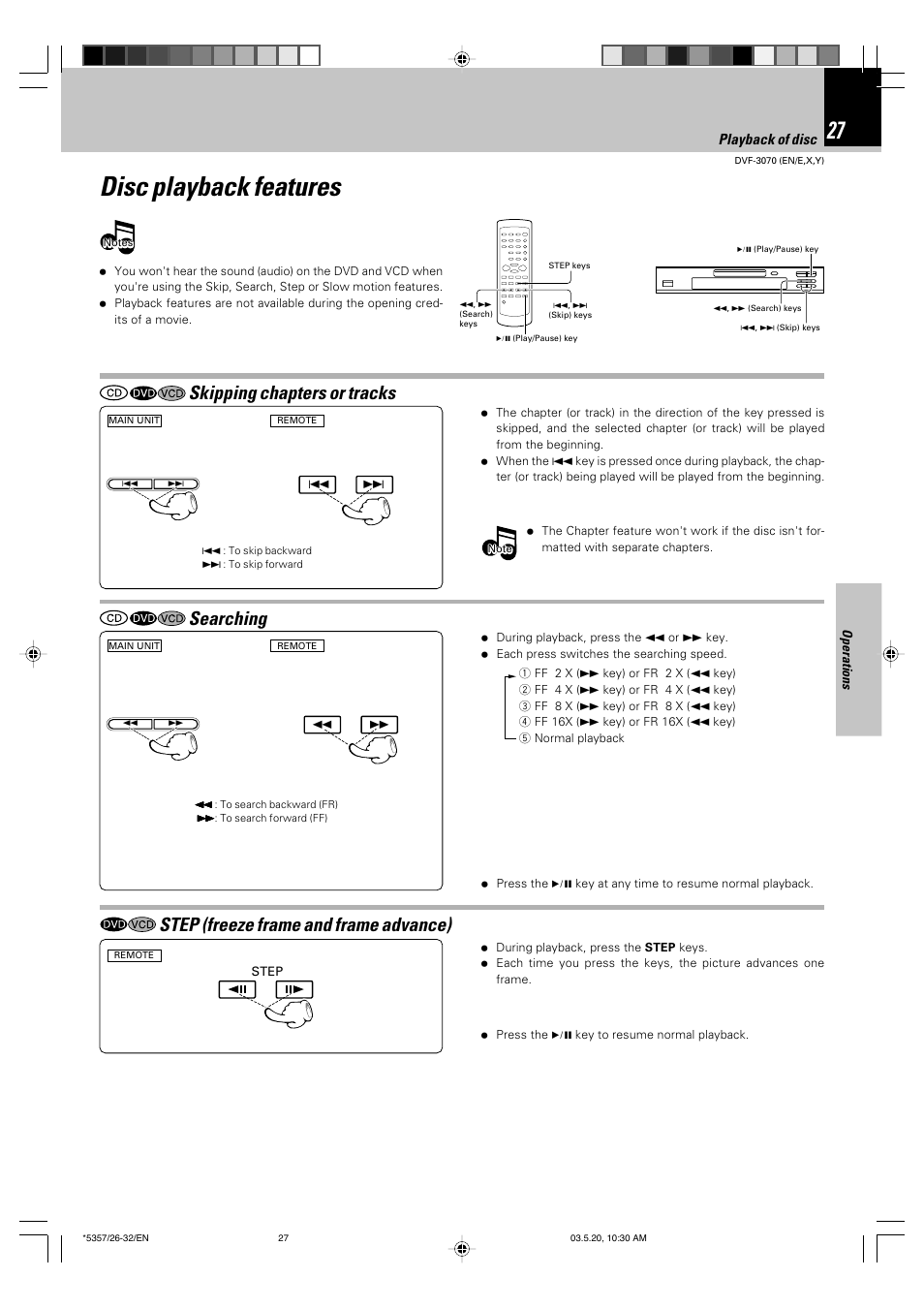 Disc playback features, Skipping chapters or tracks, Searching | Step (freeze frame and frame advance) | Kenwood DVF-3070 User Manual | Page 27 / 48