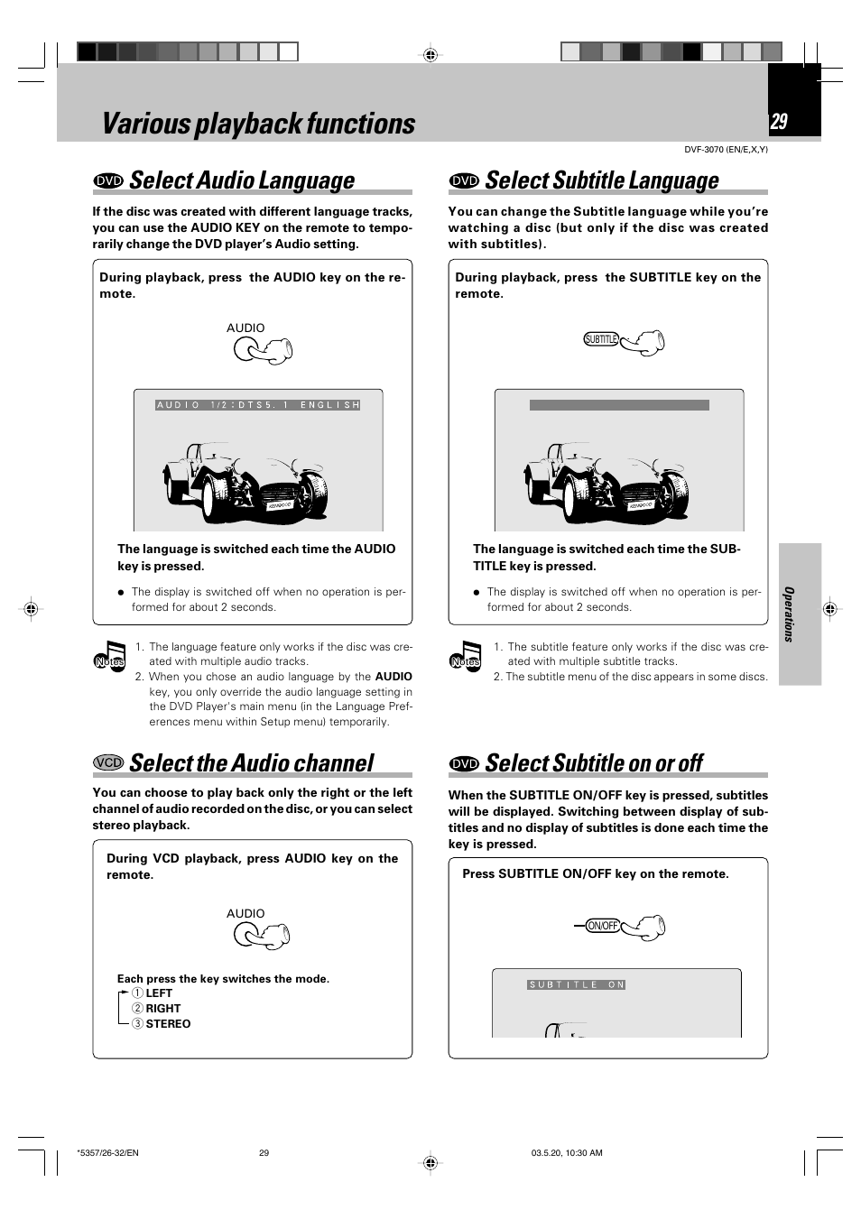 Various playback functions, Select audio language, Select the audio channel | Select subtitle language, Select subtitle on or off, Select the audio channel select subtitle on or off | Kenwood DVF-3070 User Manual | Page 29 / 48