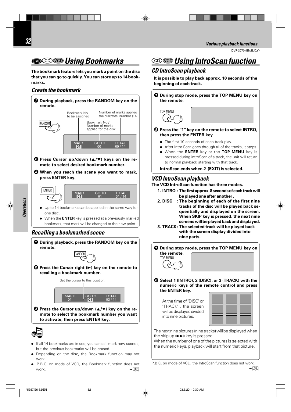 Using bookmarks, Using introscan function, Create the bookmark | Recalling a bookmarked scene, Cd introscan playback, Vcd introscan playback | Kenwood DVF-3070 User Manual | Page 32 / 48