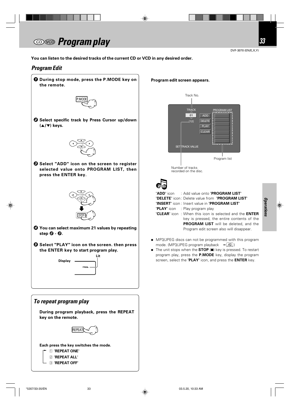 Program play, Program edit | Kenwood DVF-3070 User Manual | Page 33 / 48