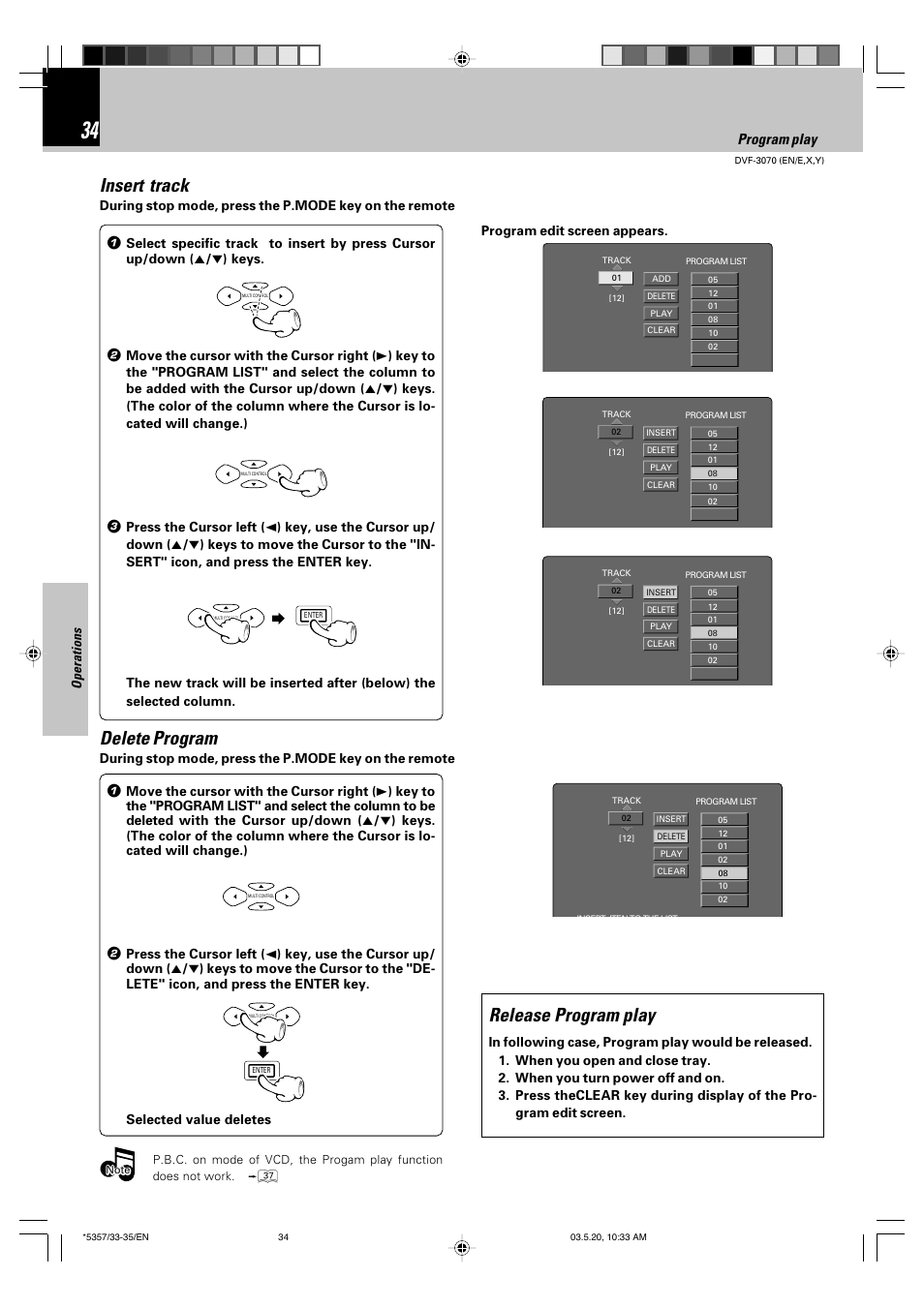 Insert track, Release program play, Delete program | Program play | Kenwood DVF-3070 User Manual | Page 34 / 48