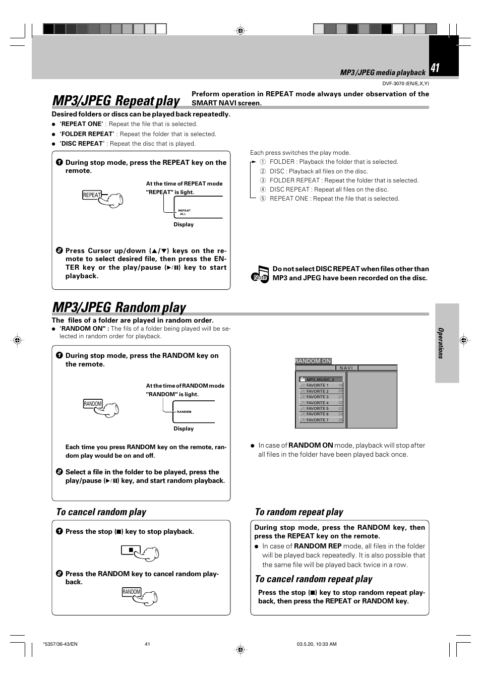 Mp3/jpeg repeat play, Mp3/jpeg random play | Kenwood DVF-3070 User Manual | Page 41 / 48