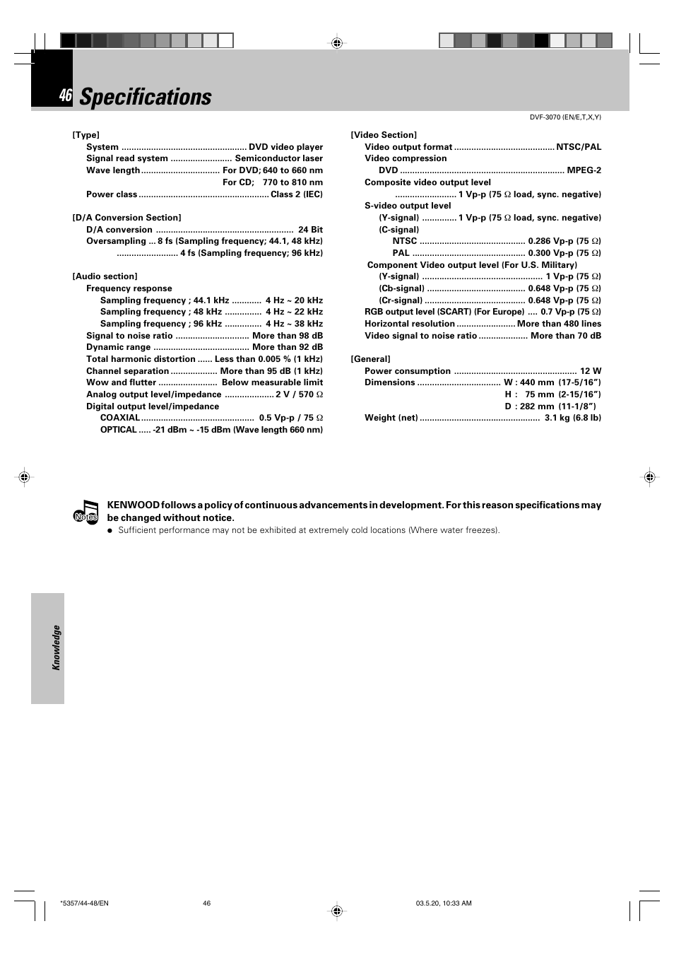 Specifications | Kenwood DVF-3070 User Manual | Page 46 / 48