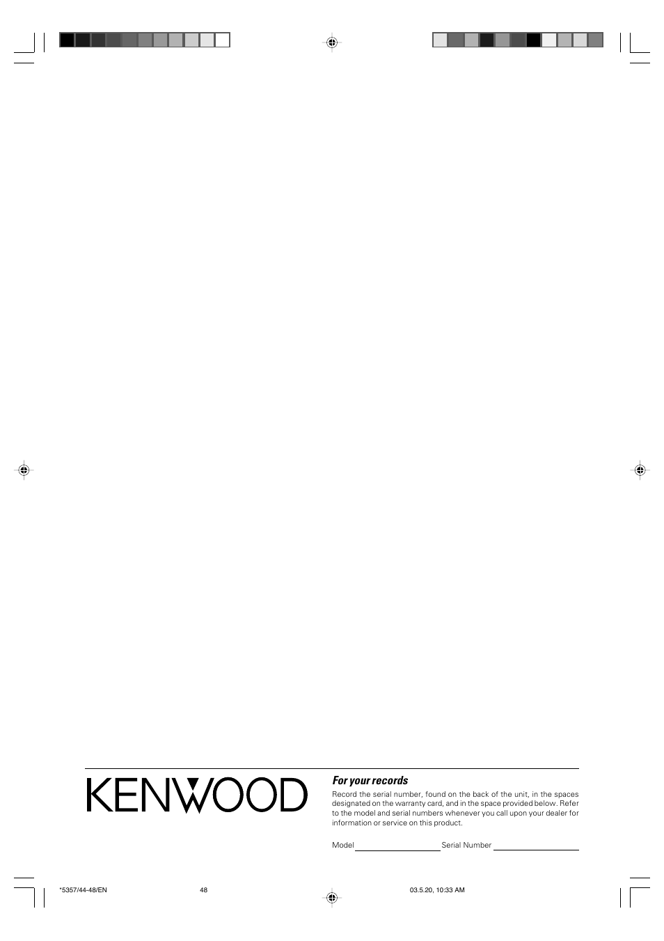 For your records | Kenwood DVF-3070 User Manual | Page 48 / 48