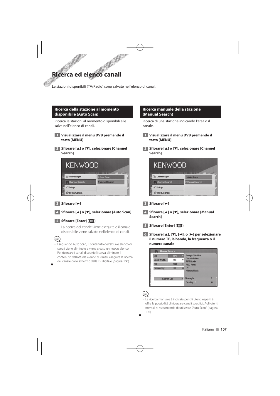 Ricerca ed elenco canali | Kenwood KTC-D500E User Manual | Page 107 / 172