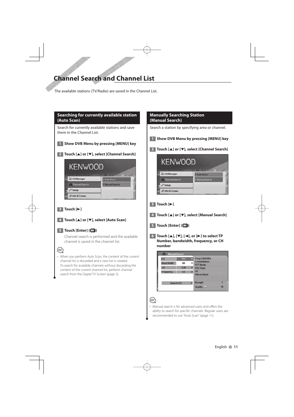 Channel search and channel list | Kenwood KTC-D500E User Manual | Page 11 / 172