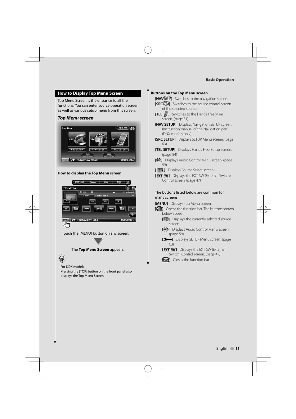 Top menu screen | Kenwood DDX7034BT User Manual | Page 15 / 100