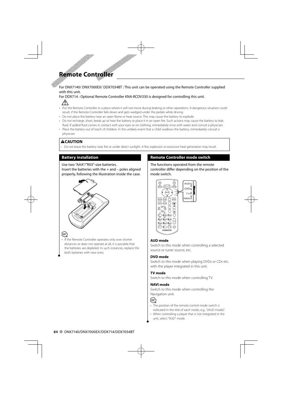 Remote controller, Battery installation, Remote controller mode switch | 2 caution | Kenwood DDX7034BT User Manual | Page 84 / 100