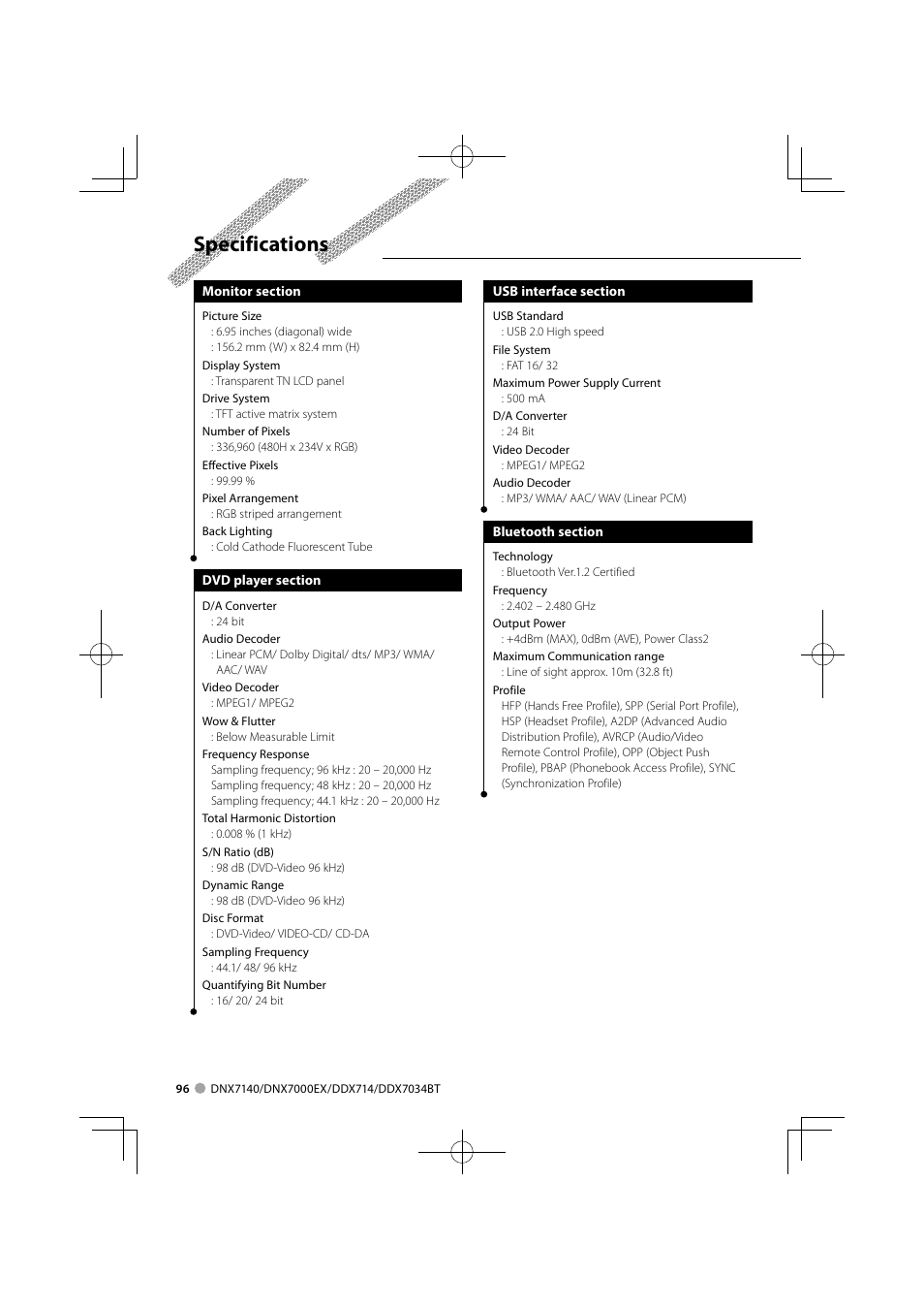 Specifications | Kenwood DDX7034BT User Manual | Page 96 / 100