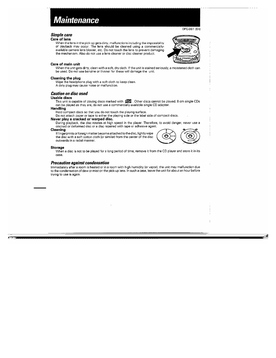 Maintenance, Simpie care, Caution on disc used | Precaution against condensation | Kenwood DPC-361 User Manual | Page 11 / 24