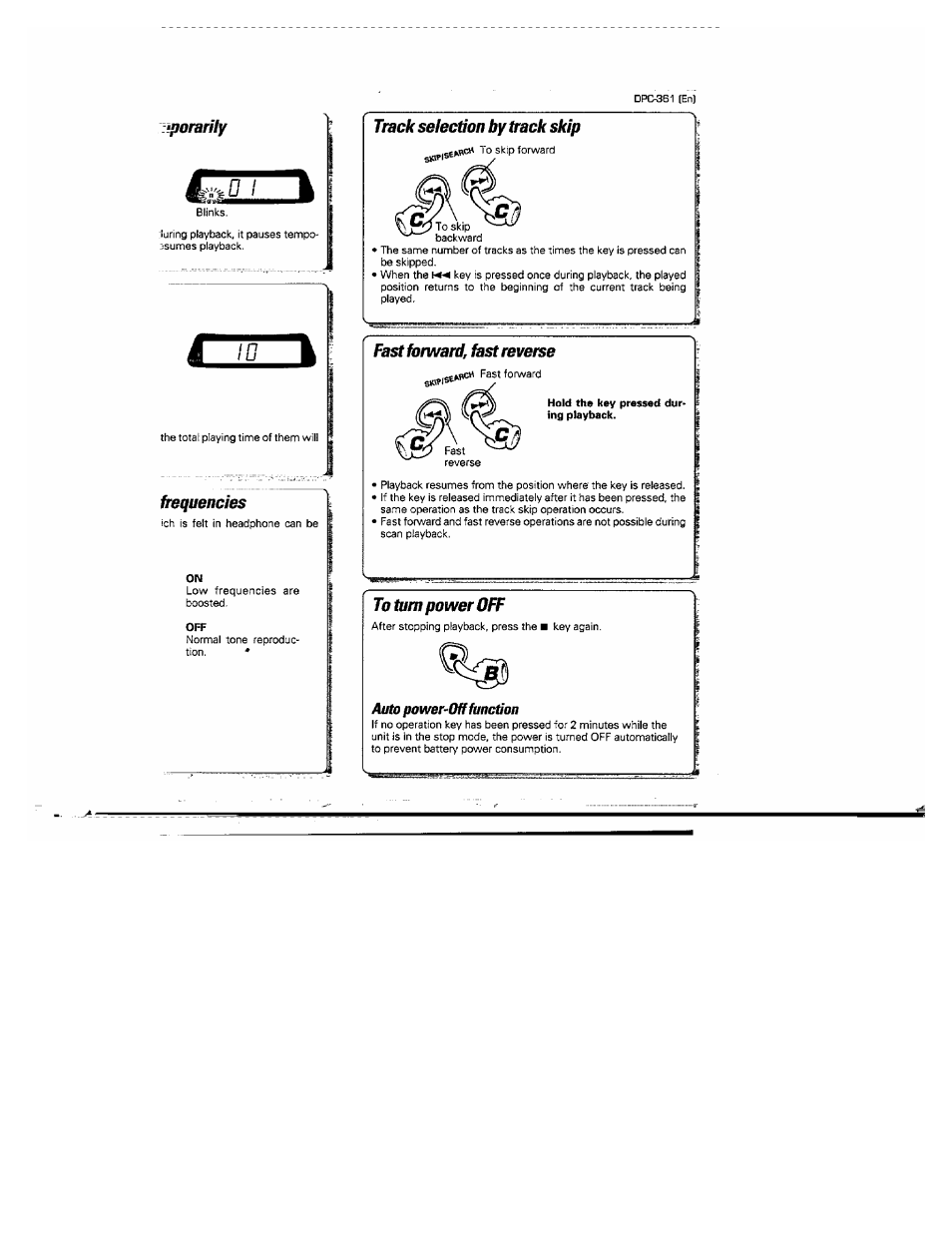 Frequencies, Track selection by track skip, Fast forward, hist reverse | To turn power 017, Auto power-off function, Porarify | Kenwood DPC-361 User Manual | Page 13 / 24