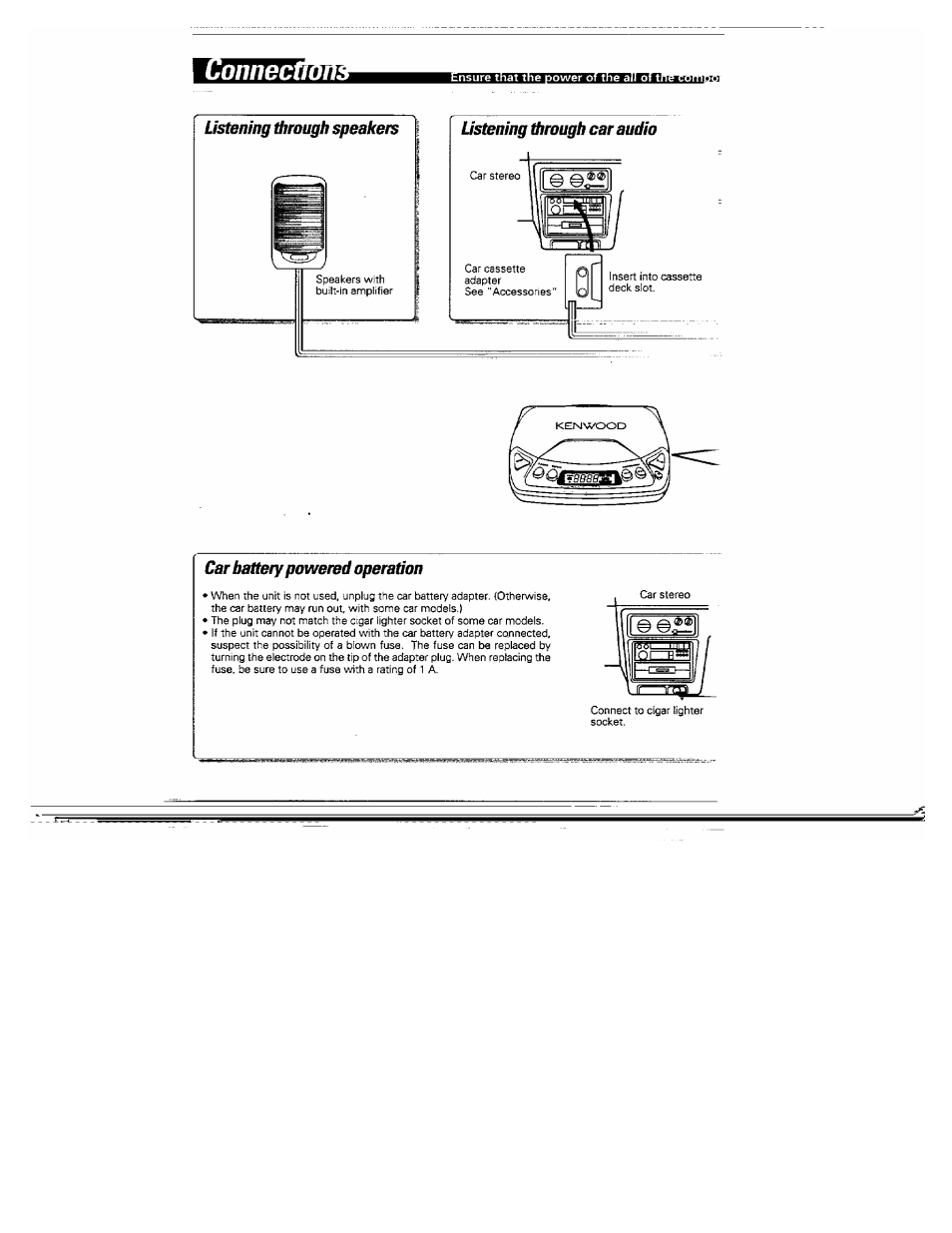 Ustbning through speakers, Ustening trough car audio, Car battery powered operation | Wbninhhiiirijci | Kenwood DPC-361 User Manual | Page 18 / 24