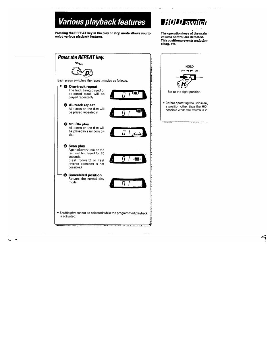 Press hie repeat key, F a i, Various playback features | Kenwood DPC-361 User Manual | Page 2 / 24