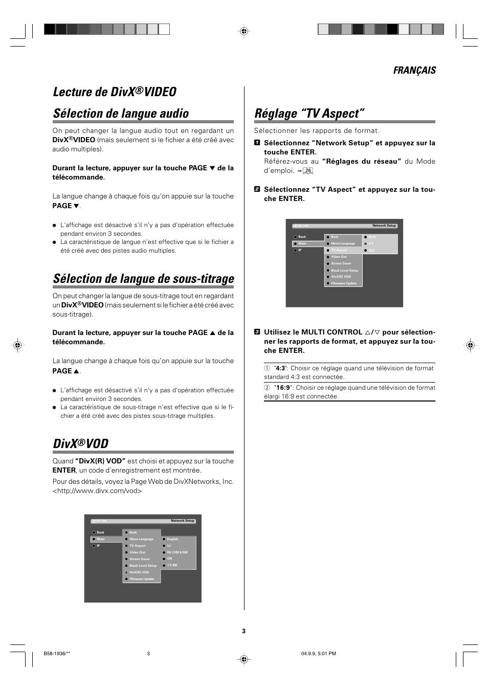 French, Lecture de divx, Video sélection de langue audio | Sélection de langue de sous-titrage, Divx, Réglage “tv aspect, Français | Kenwood VRS-N8100 User Manual | Page 3 / 12