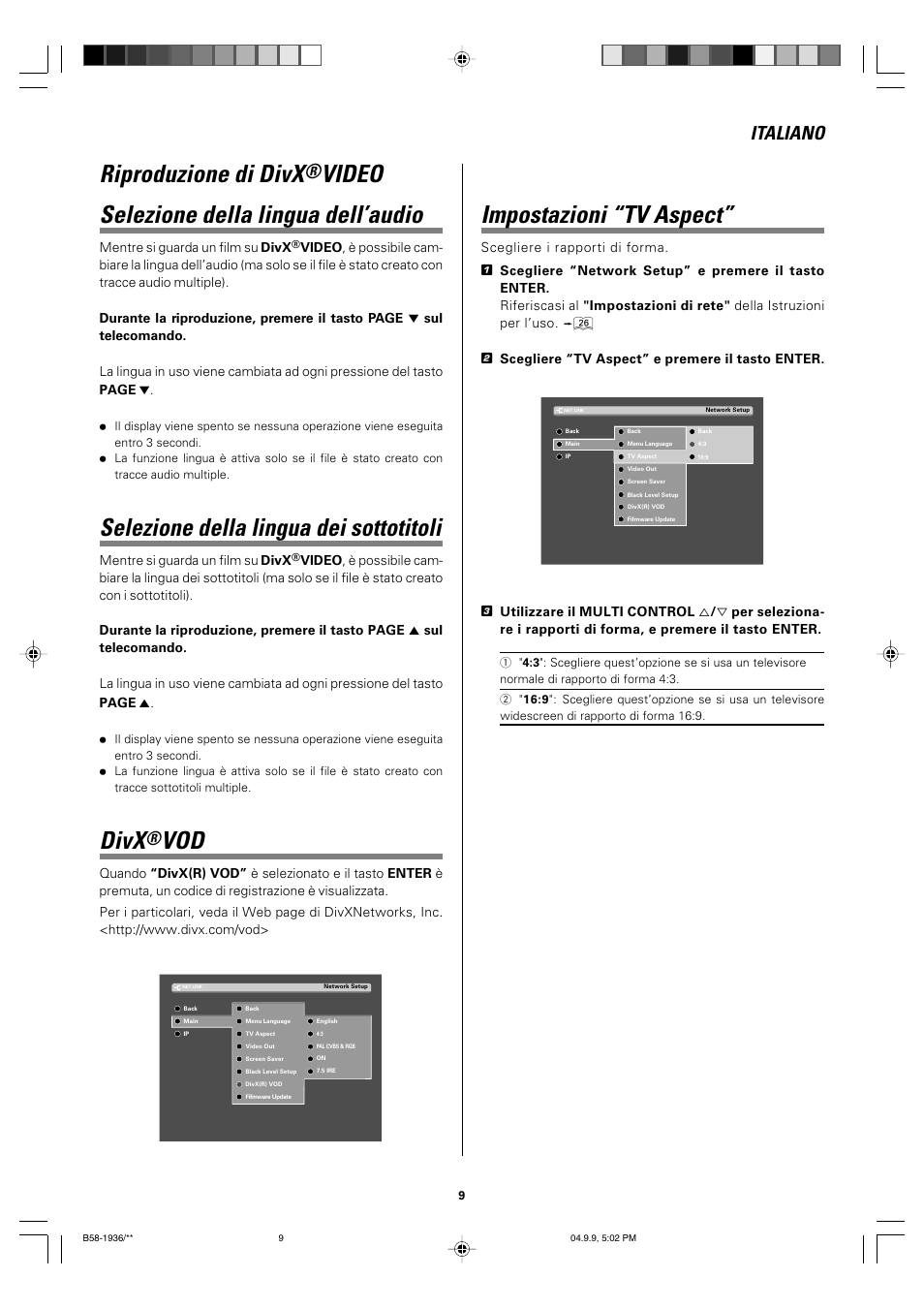 Italian, Riproduzione di divx, Video selezione della lingua dell’audio | Selezione della lingua dei sottotitoli, Divx, Impostazioni “tv aspect, Italiano | Kenwood VRS-N8100 User Manual | Page 9 / 12