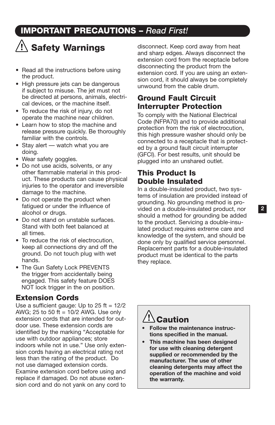 Safety warnings, Important precautions – read first, Caution | Extension cords, Ground fault circuit interrupter protection, This product is double insulated | Karcher K 460 M User Manual | Page 3 / 12