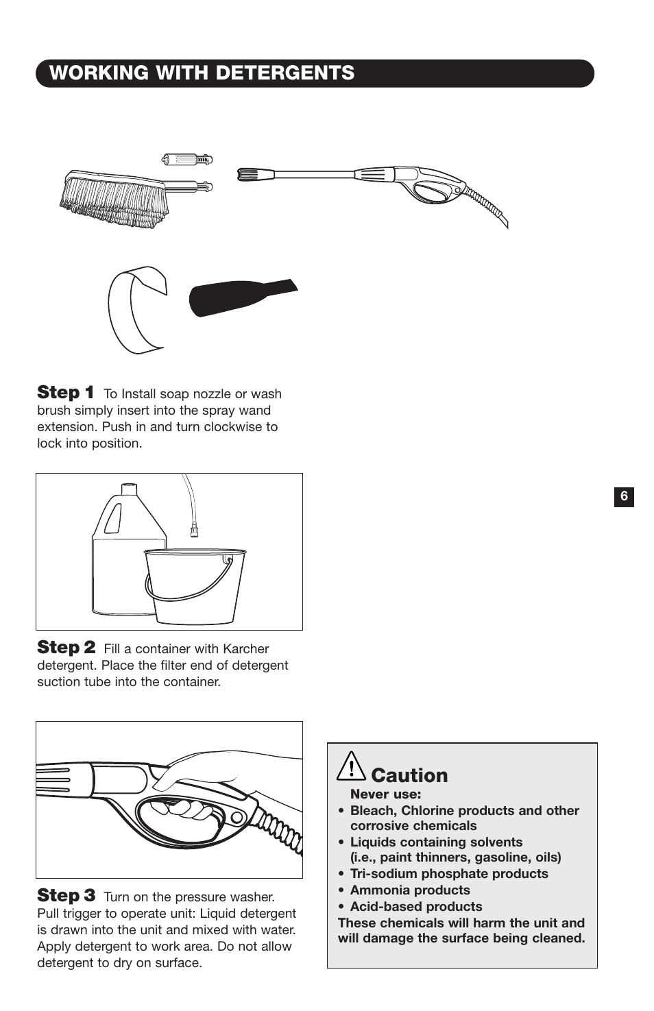 Working with detergents, Caution, Step 1 | Step 2, Step 3 | Karcher K 460 M User Manual | Page 7 / 12