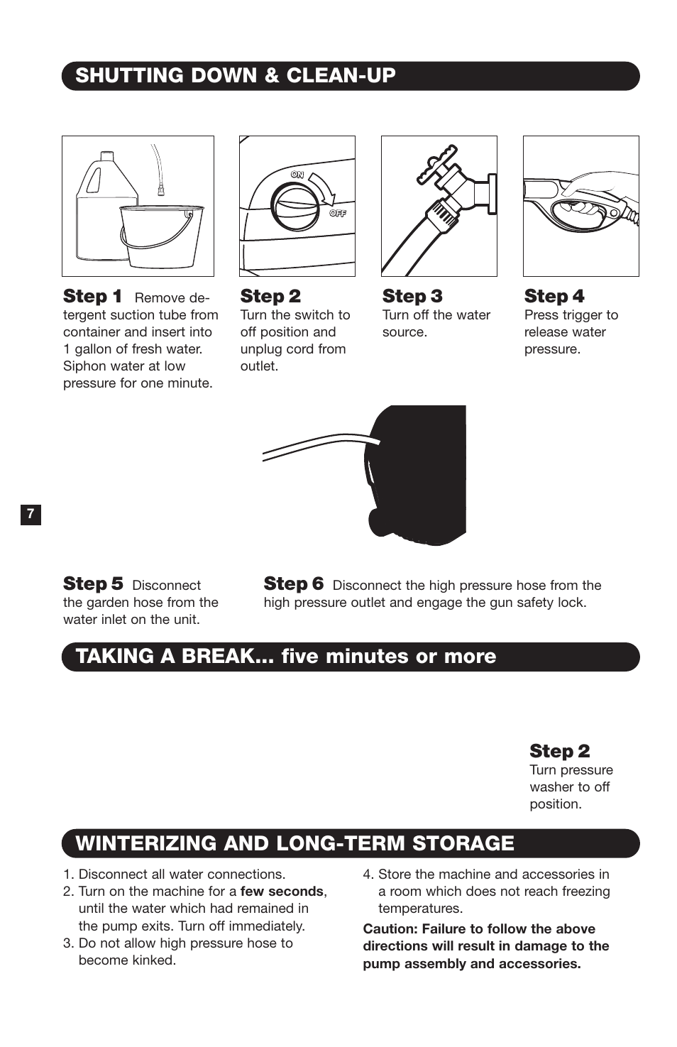 Shutting down & clean-up, Winterizing and long-term storage, Taking a break... five minutes or more | Step 1, Step 2, Step 3, Step 4, Step 5, Step 6 | Karcher K 460 M User Manual | Page 8 / 12