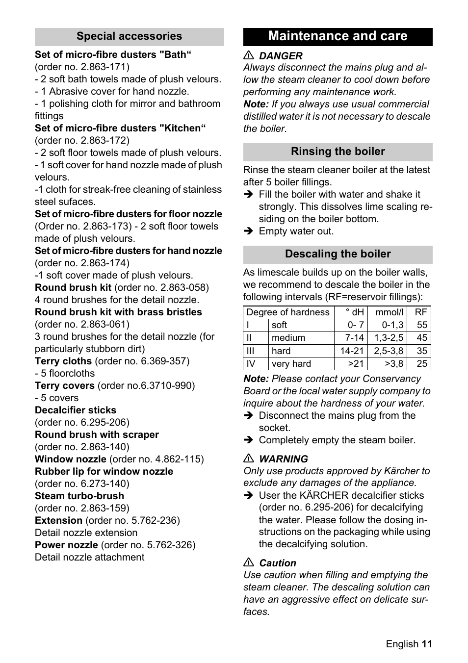 Maintenance and care | Karcher SC 1122 User Manual | Page 11 / 16