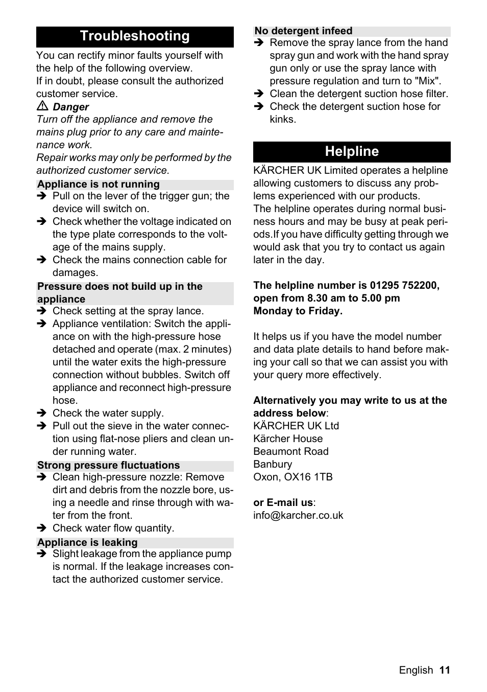 Troubleshooting, Helpline | Karcher K 2.399 User Manual | Page 11 / 16
