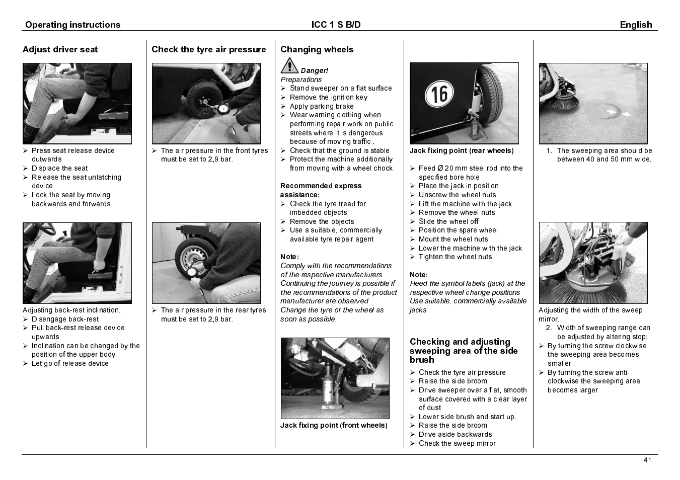 Operating instructions icc 1 s b/d english, Adjust driver seat, Check the tyre air pressure | Changing wheels | Karcher 1.142-114 User Manual | Page 18 / 25
