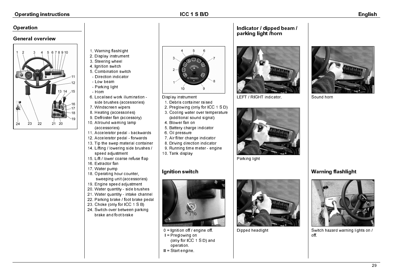 Operating instructions icc 1 s b/d english, Operation general overview, Ignition switch | Indicator / dipped beam / parking light /horn, Warning flashlight | Karcher 1.142-114 User Manual | Page 6 / 25