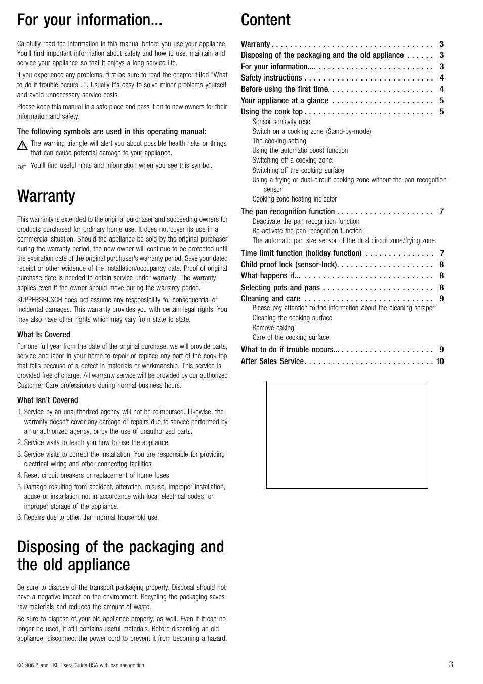 For your information, Warranty, Disposing of the packaging and the old appliance | Content | Kuppersbusch USA EKE 854.2 User Manual | Page 3 / 12
