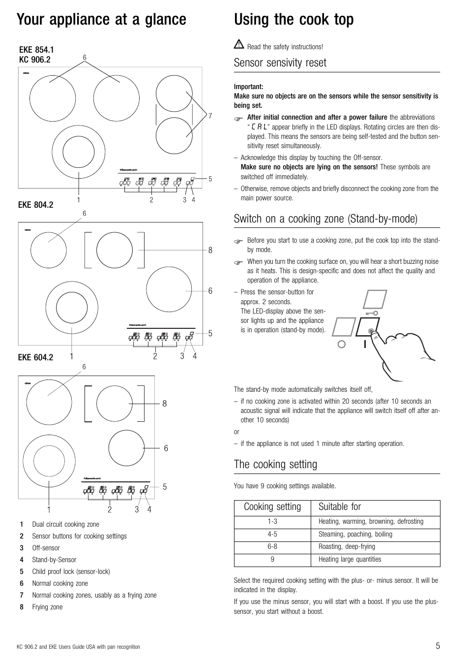 Your appliance at a glance using the cook top, Sensor sensivity reset, Switch on a cooking zone (stand-by-mode) | The cooking setting, Cooking setting suitable for | Kuppersbusch USA EKE 854.2 User Manual | Page 5 / 12