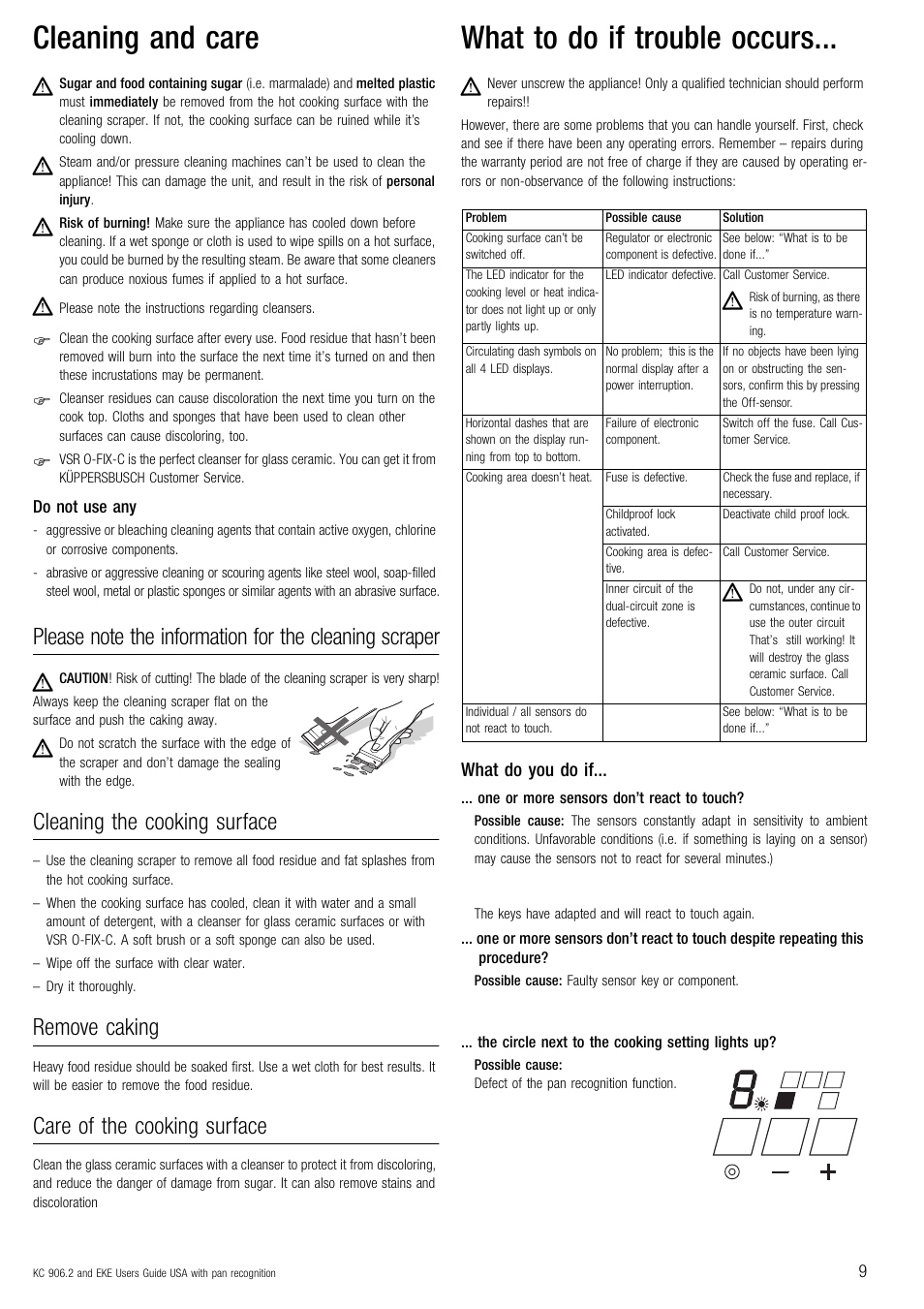 Cleaning and care, What to do if trouble occurs, Cleaning the cooking surface | Remove caking, Care of the cooking surface | Kuppersbusch USA EKE 854.2 User Manual | Page 9 / 12