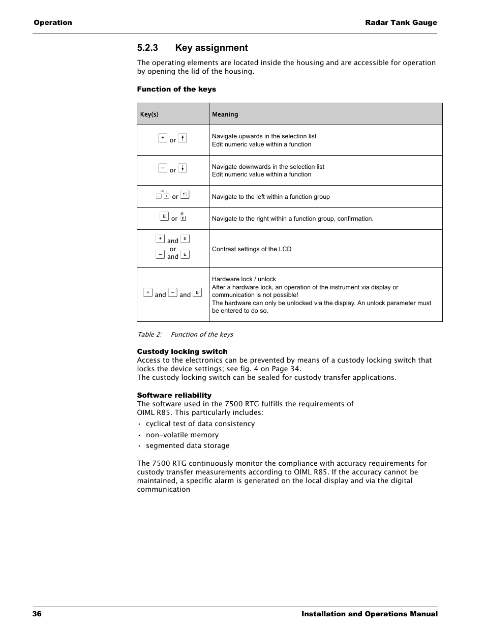 3 key assignment, Function of the keys, Custody locking switch | Software reliability | Lightning Audio 7532 User Manual | Page 36 / 106